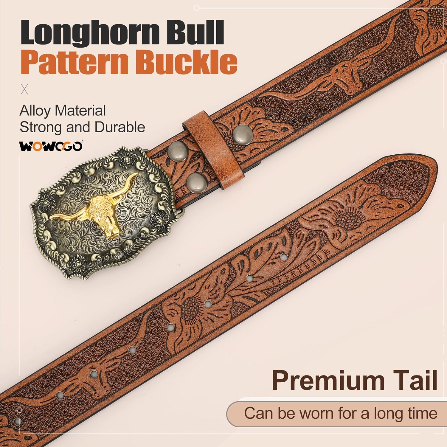 Women Men Western Belts Cowboy Cowgirl Country Belt Longhorn Bull Buckle Floral Embossed Belt for Jeans Dresses