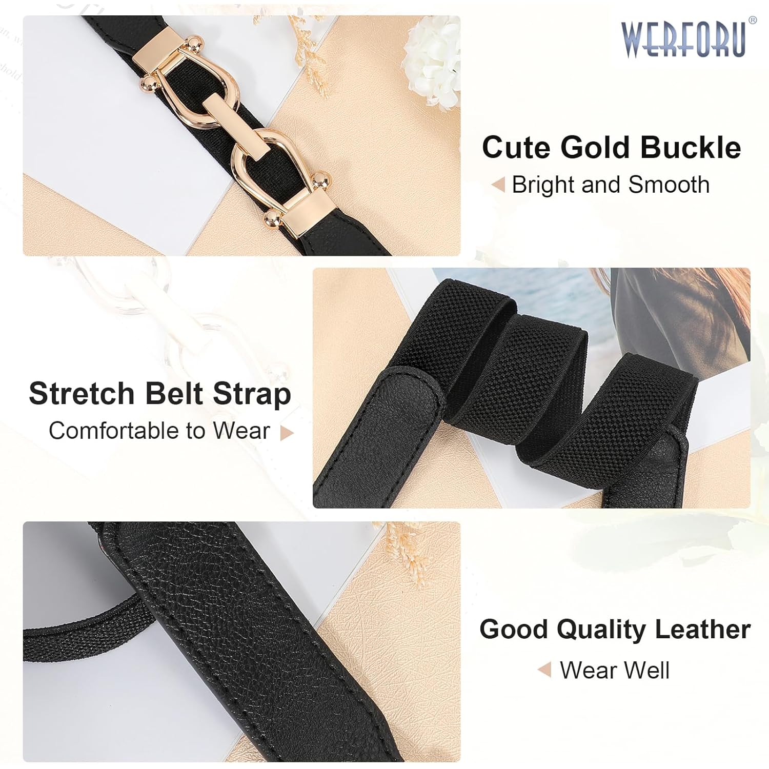 WERFORU Women Skinny Belt for Dresses Retro Stretch Waist Belt with Gold Buckle Set of 4