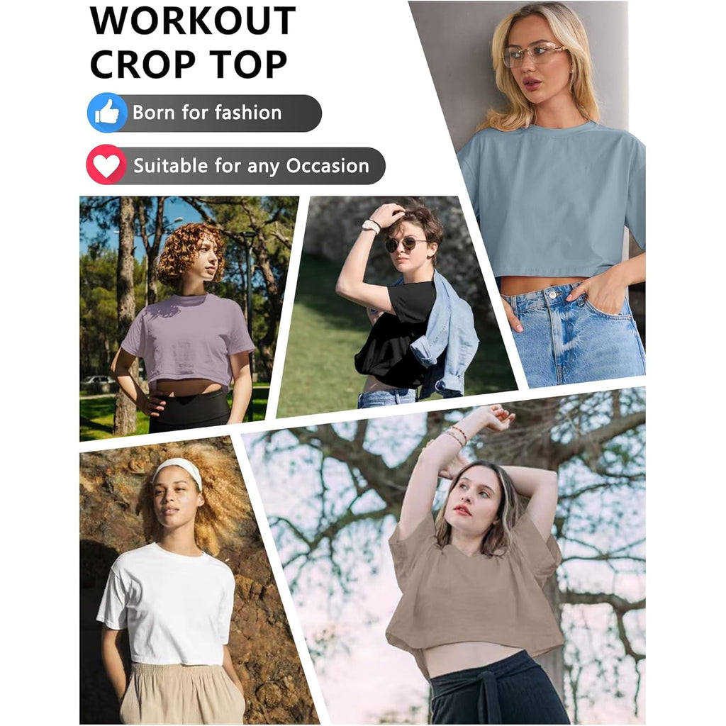6 Pack Women's Crop Top Short Sleeve Athletic Workout Yoga Running Gym Casual Tees T-Shirts Loose Fit