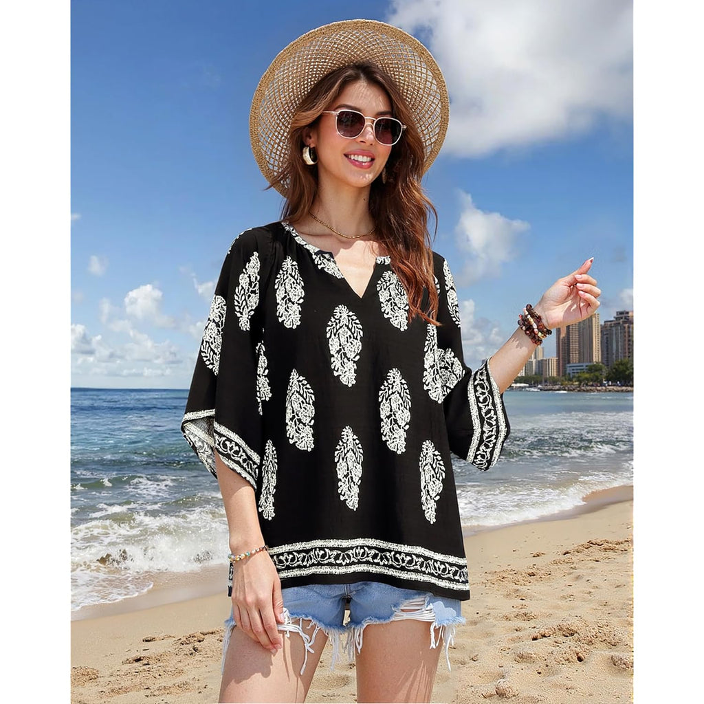 Bebonnie Womens 3/4 Sleeve V Neck Bohemian Peasant Blouses Casual Loose Fit Tunic Tops