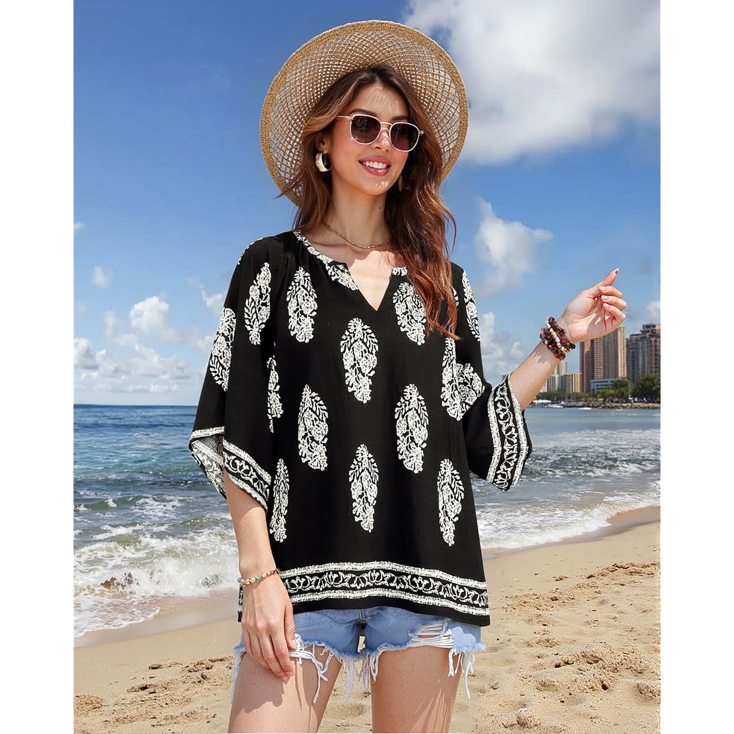 Bebonnie Womens 3/4 Sleeve V Neck Bohemian Peasant Blouses Casual Loose Fit Tunic Tops