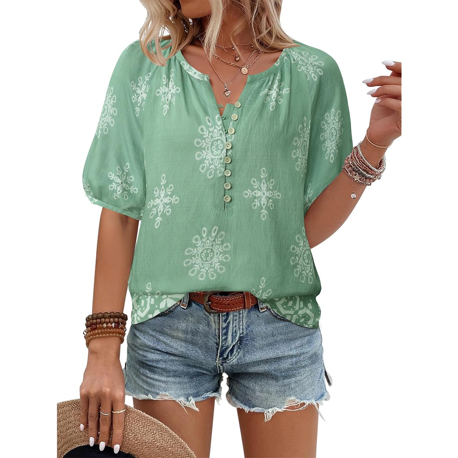Unixseque Womens Summer Tops V Neck Short Sleeve Blouses Casual Button Down Shirts Floral Boho Clothing Trendy 2025