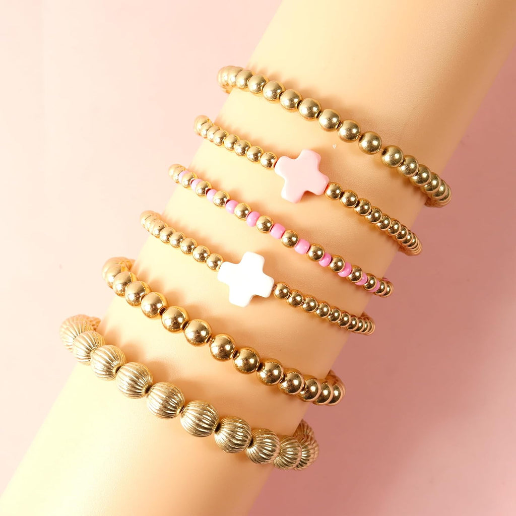 HUASAI Gold Beaded Bracelet Stack for Women Trendy Non Tarnish Chunky Stretch Paperclip Cross Pearl Bracelets Set Stackable Jewelry Costume Accessories