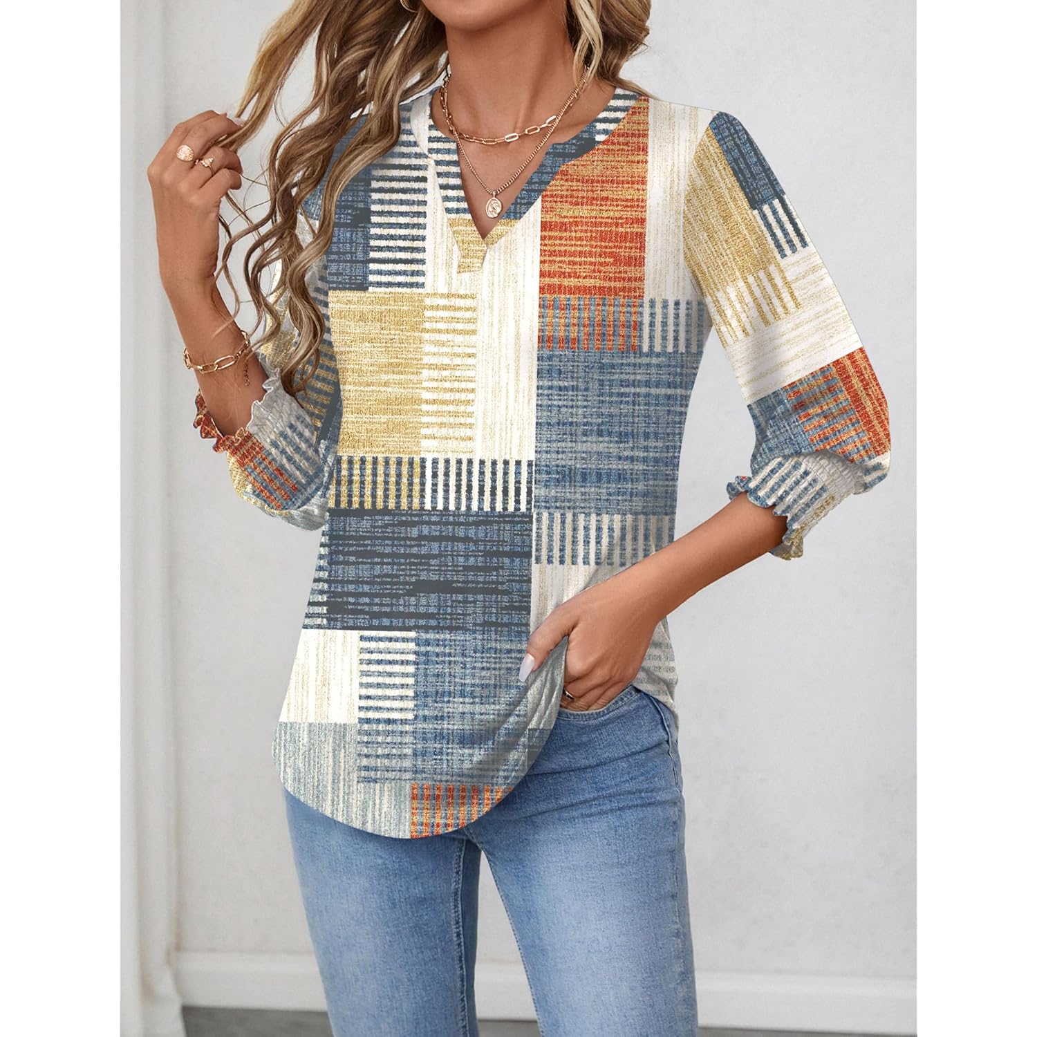 LOMON Women's 2025 Fashion Tops 3/4 Length Sleeve Business Casual Blouses Summer Tees Shirts（S-4XL