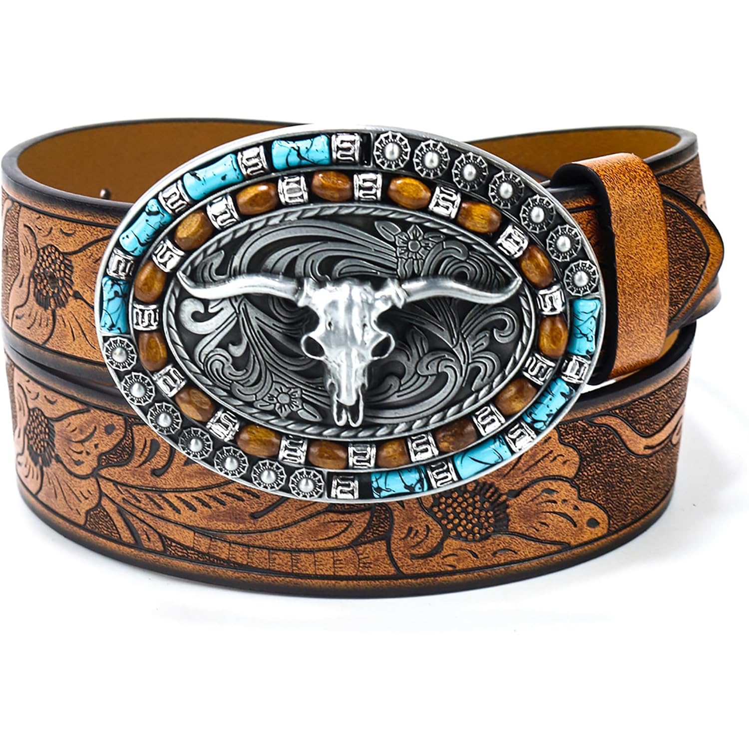 Western-Cowboy-Leather-Belts for Women Turquoise-Oval-Buckle Embossed Cowgirl Belt for Jeans Pants Fit for 27"-41"