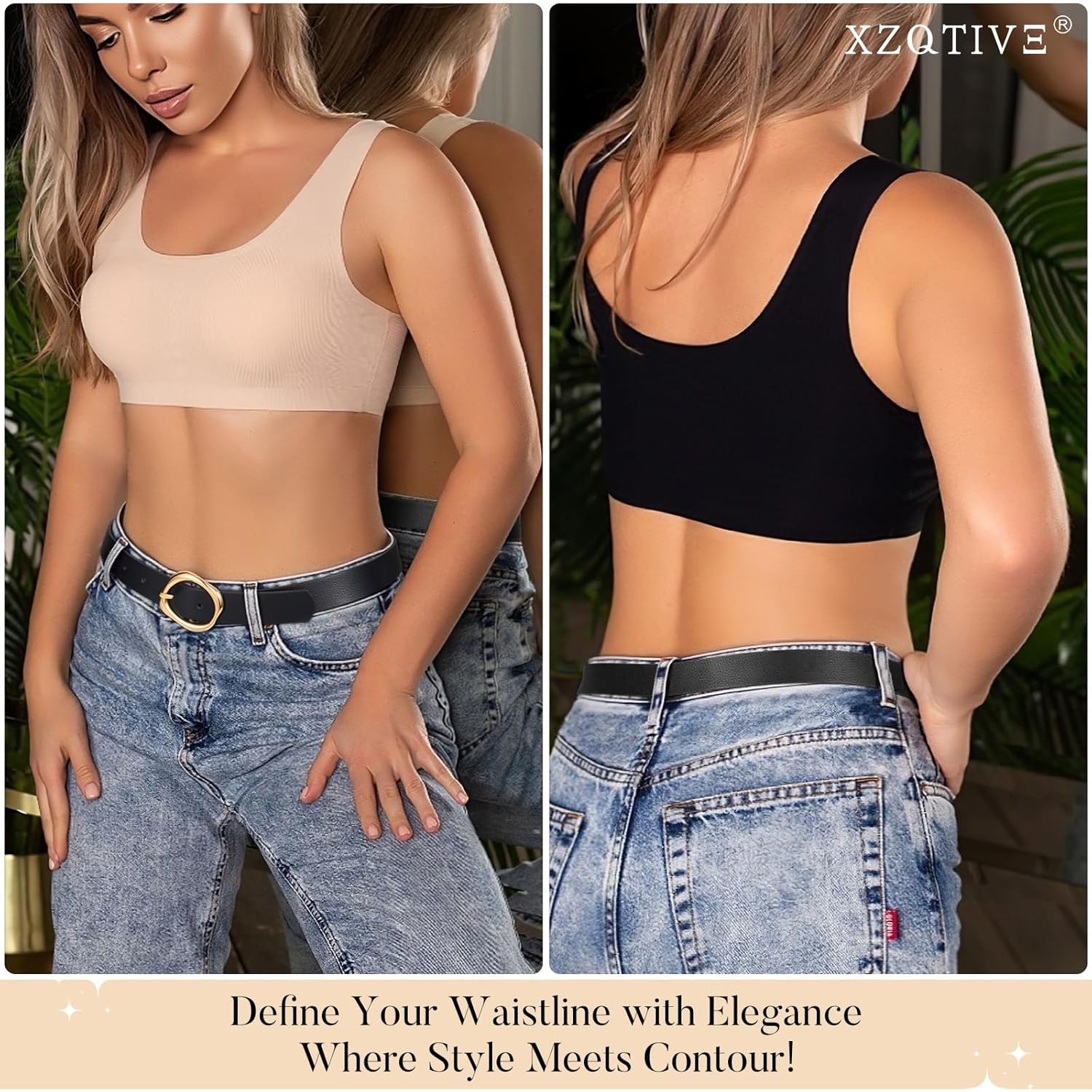 XZQTIVE Women's Faux Leather Belts with Gold Buckle, Fashion Casual Belt for Jeans Pants Dresses