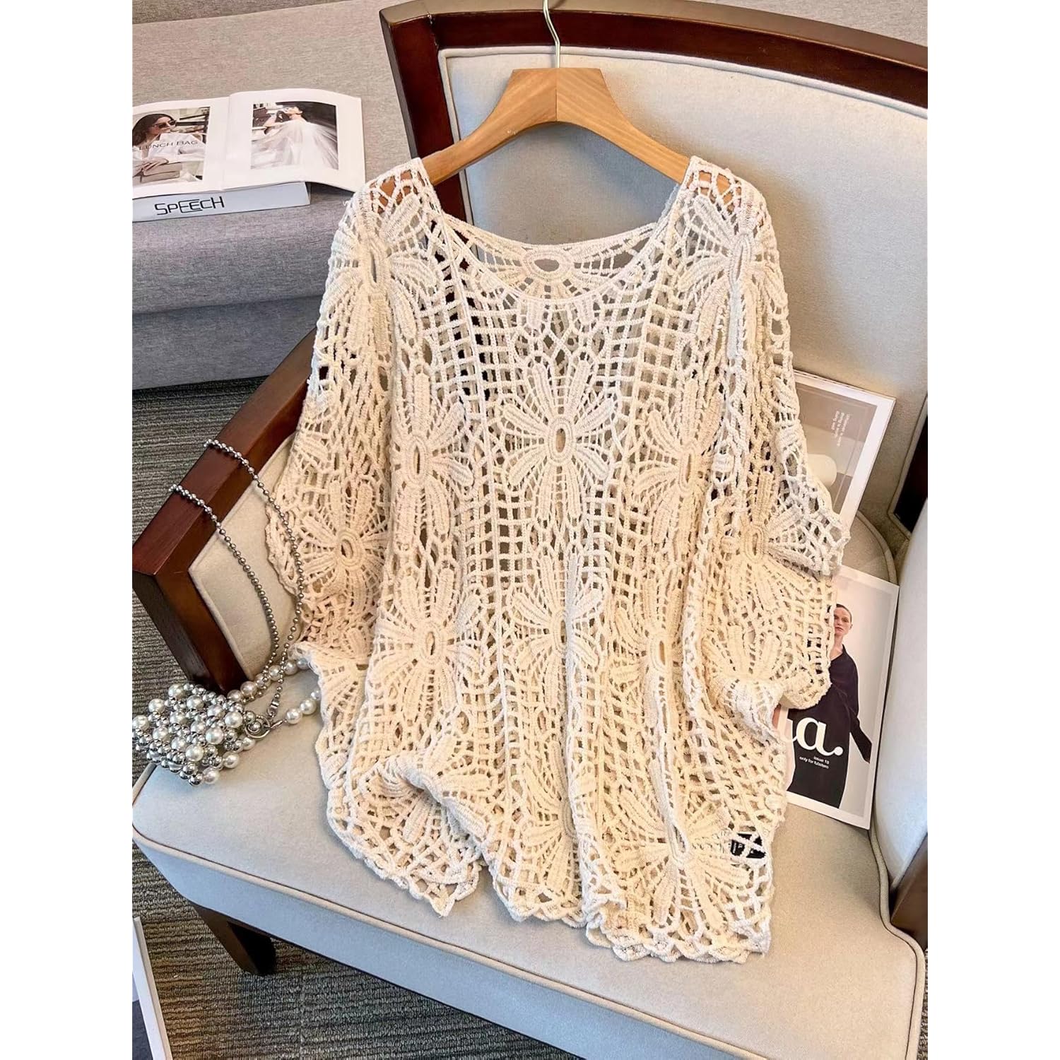 MakeMeChic Women's Plus Size Crochet Tops Floral Dolman Sleeve Summer Spring Top