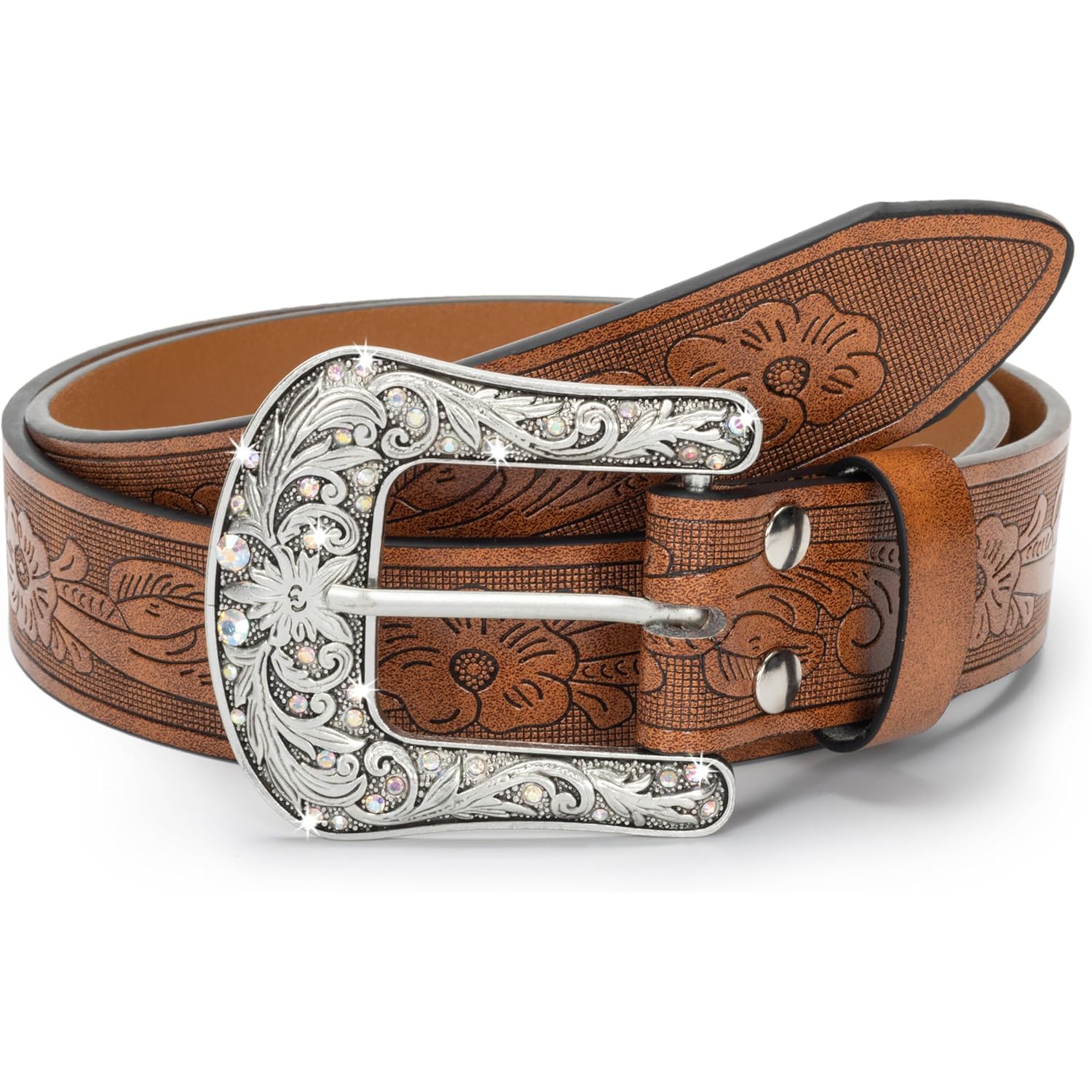 Western-Belt-for-Women-Cowgirl, PU-Leather-Waist-Belts with Vintage-Carved-Buckle and Tips-Ends for Jeans Pants Dresses