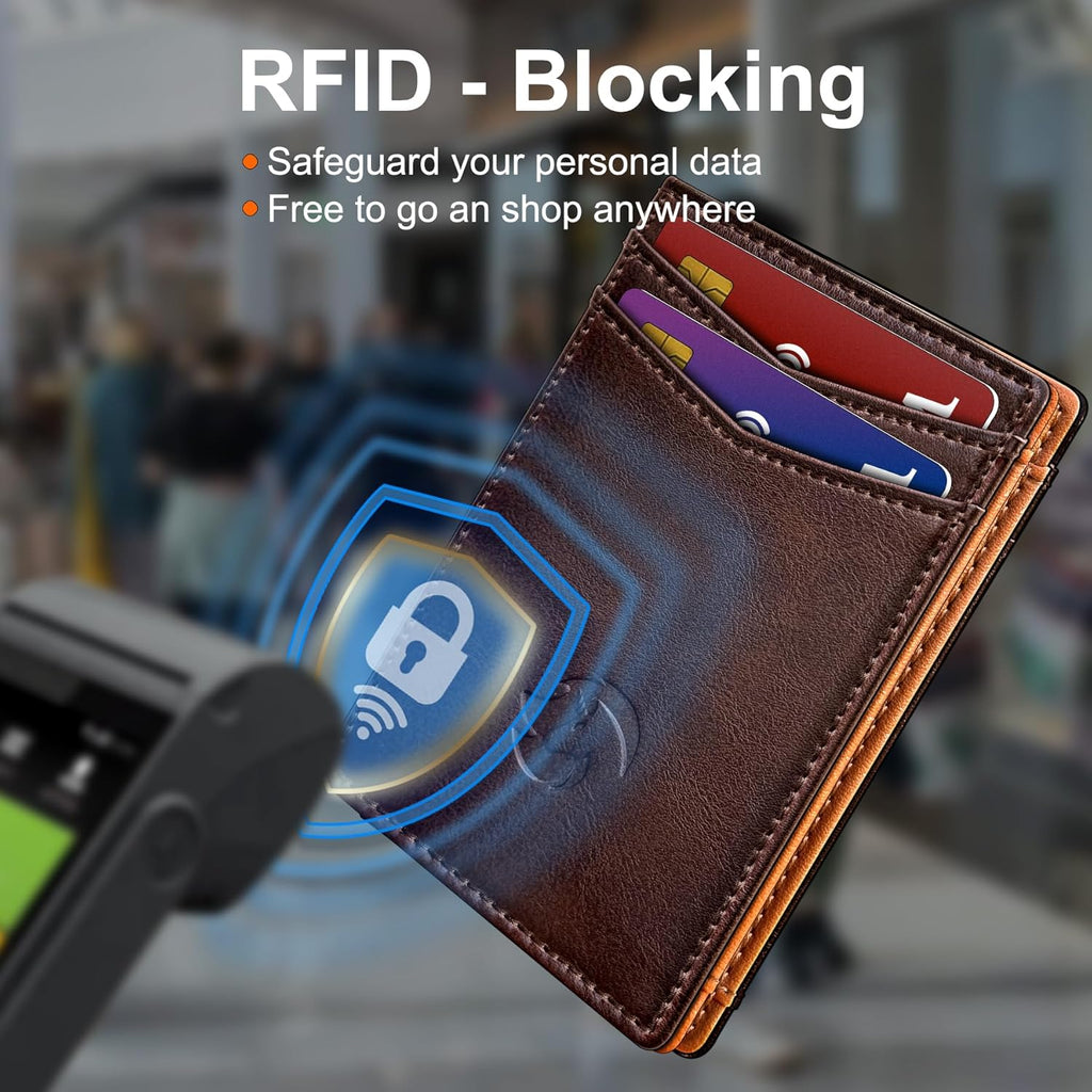 Magnetic Closure Slim Wallet for Men with Money Clip Gift Boxed,Genuine Leather Front Pocket Wallet, 3.9"x 2.7", RFID Blocking