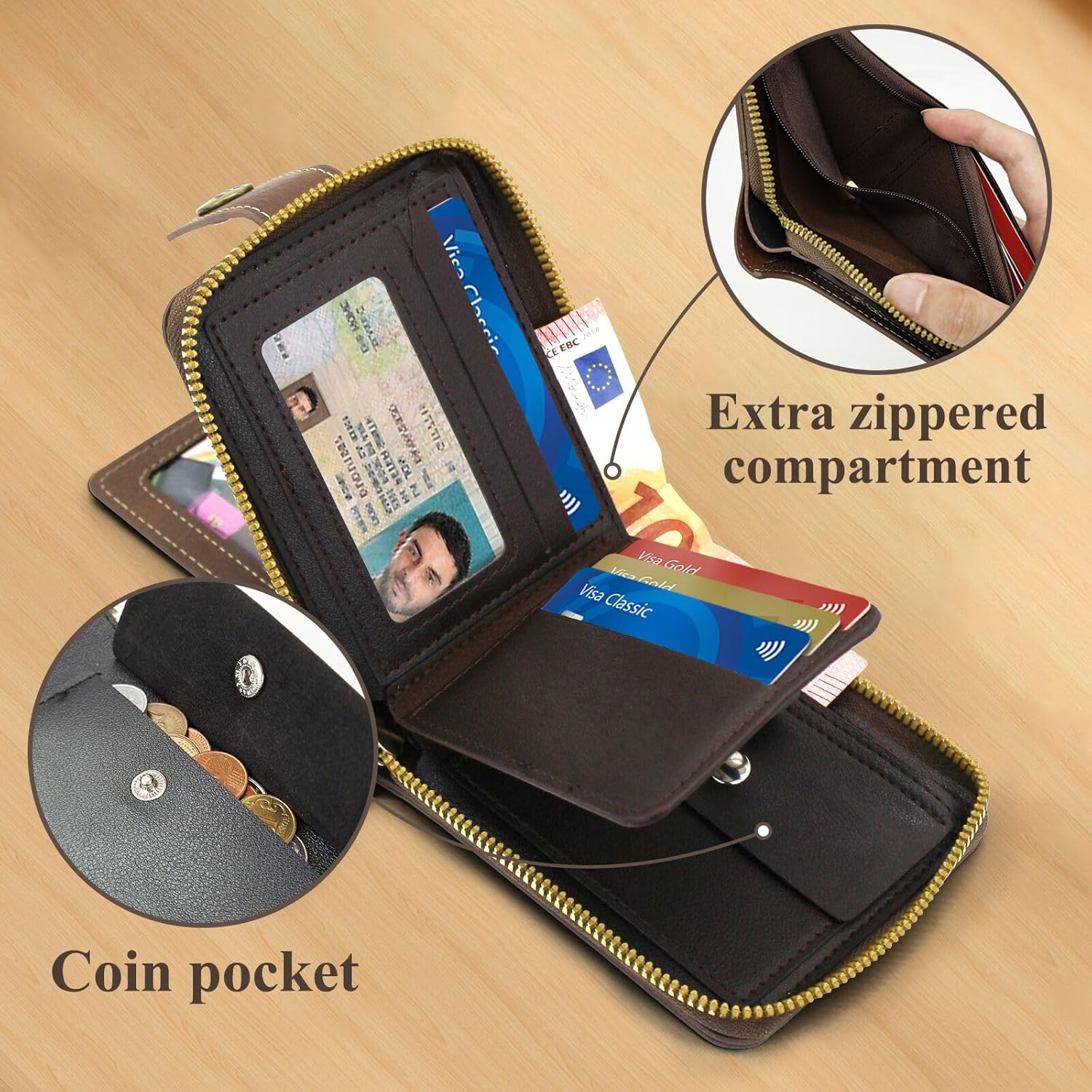 Men Wallet, Vintage PU Leather Multi-Card Zipper Wallet with 10 Card Slots and Zipper Pocket Large Capacity Buckle Credit Card Holder Wallet with Zipper (A, Brown)