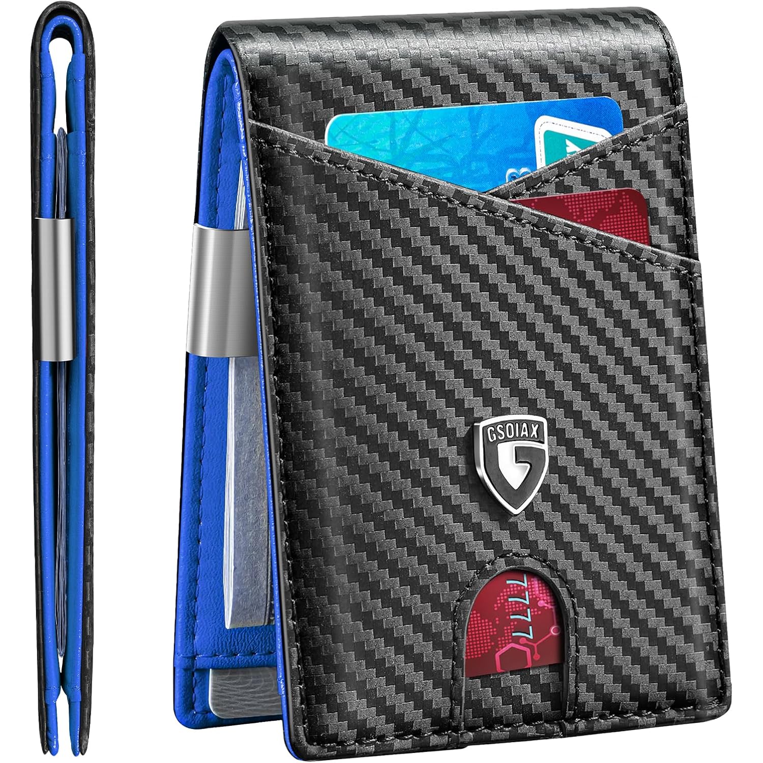 GSOIAX Slim Leather RFID Bifold Wallet for Men Minimalist Front Pocket Wallet with Money Clip,12 Card Slots,ID Window,Cool Groove Design,Includes Gift Box(Carbon blue)