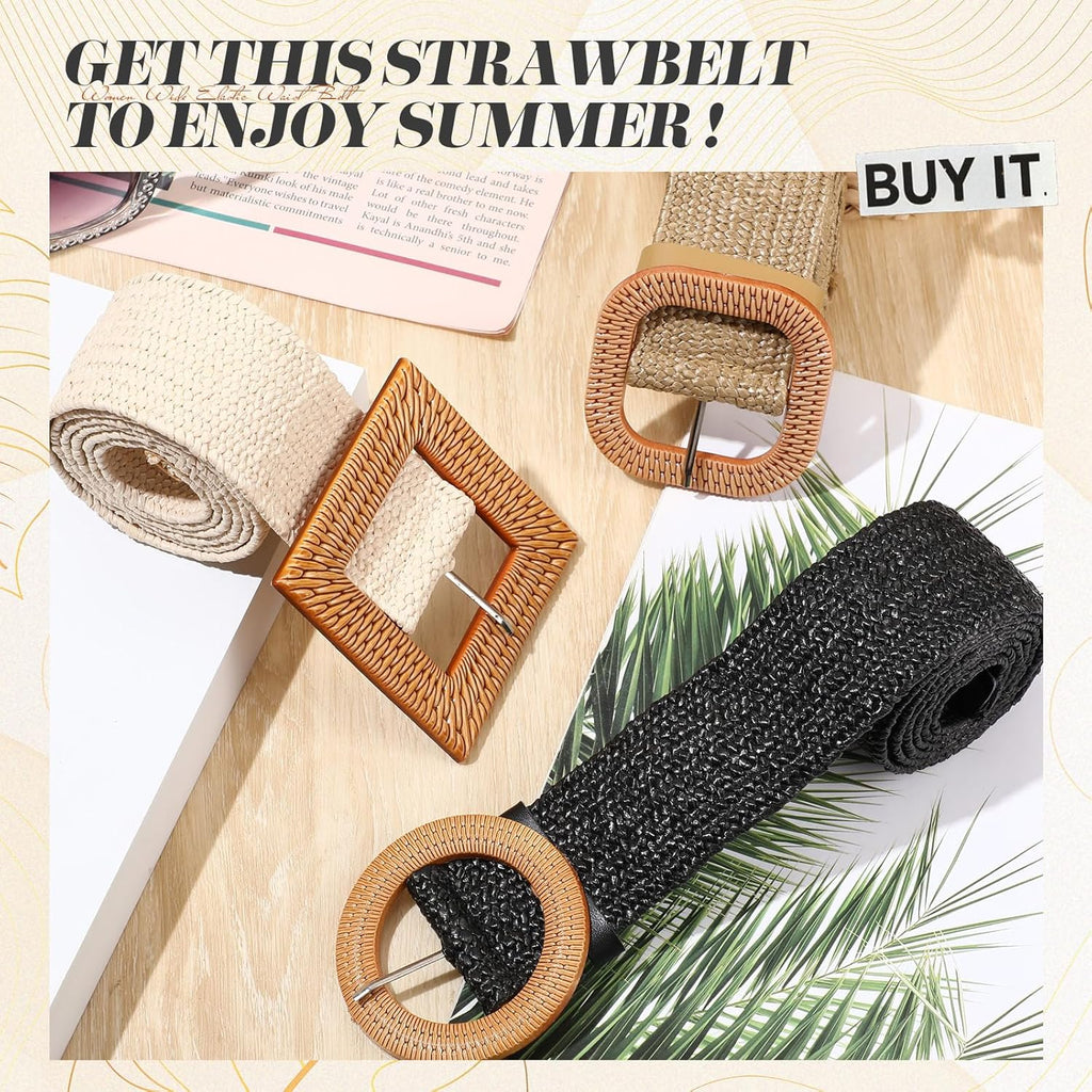 Syhood 3 Pieces Straw Woven Elastic Waist Belt for Women Bohemian Dress Braided Belt