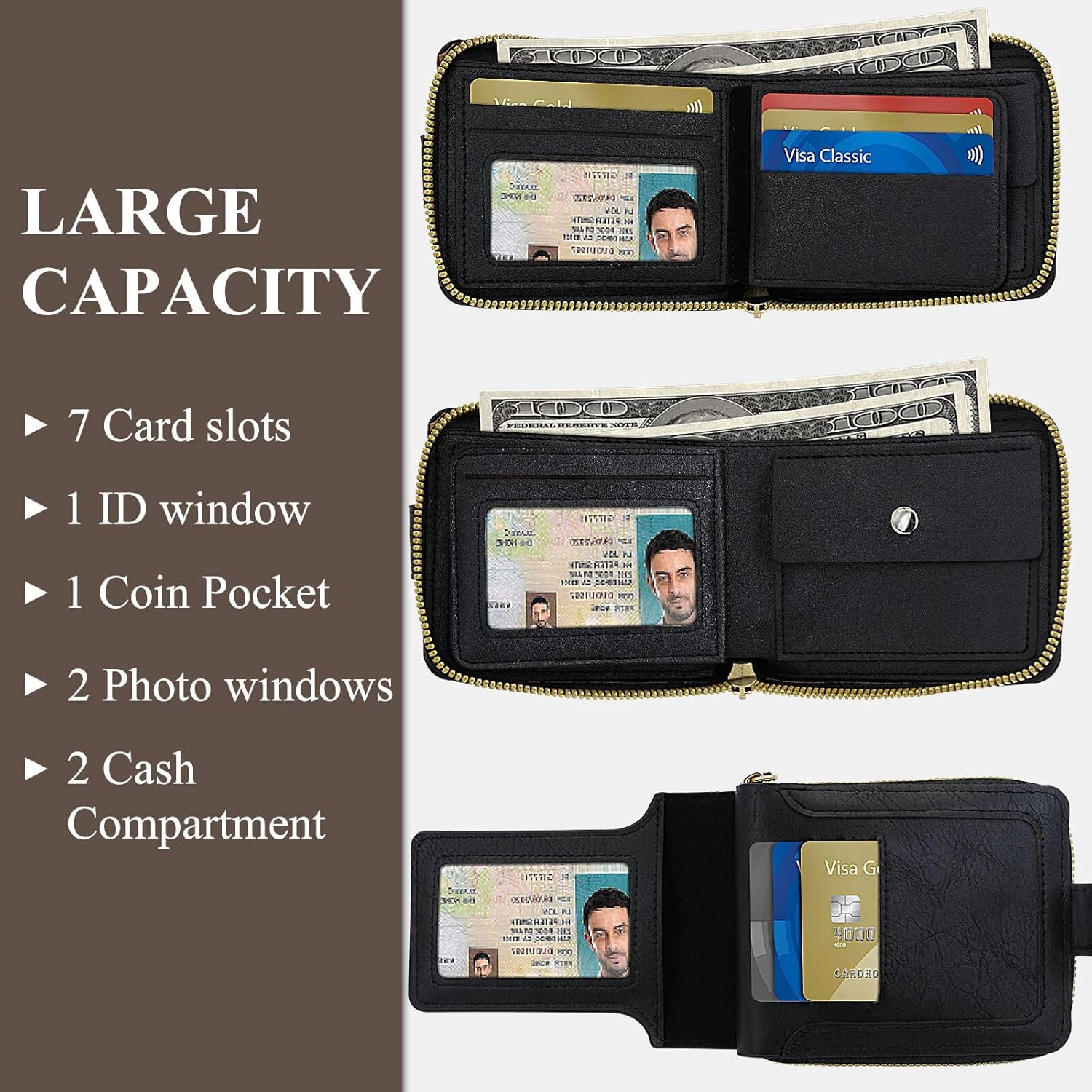 Men Wallet, Vintage PU Leather Multi-Card Zipper Wallet with 10 Card Slots and Zipper Pocket Large Capacity Buckle Credit Card Holder Wallet with Zipper (A, Brown)