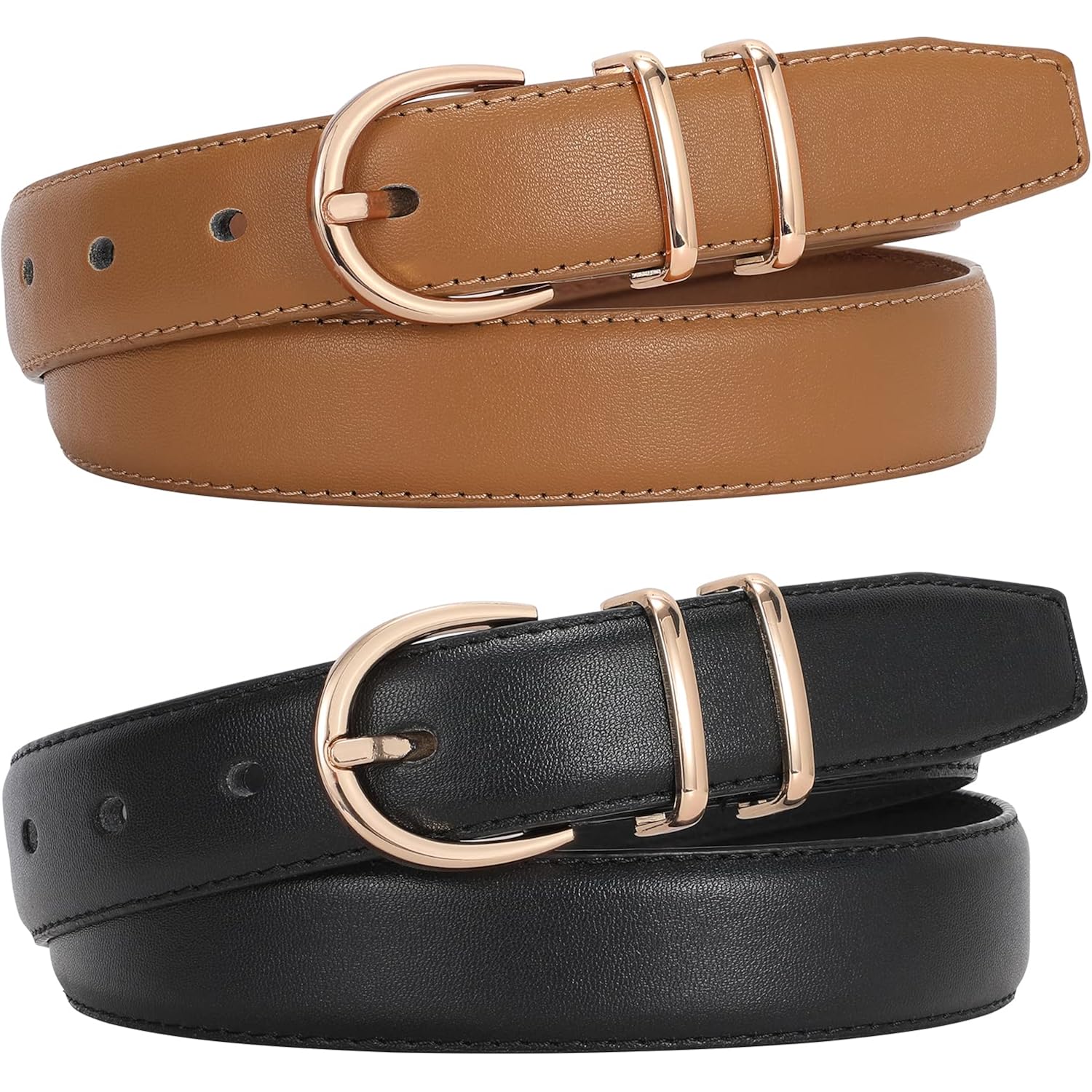 JASGOOD 2 Pack Women Leather Belt for Jeans Ladies Belts for Dresses Pants Plus Size Work Belt with Gold Buckle