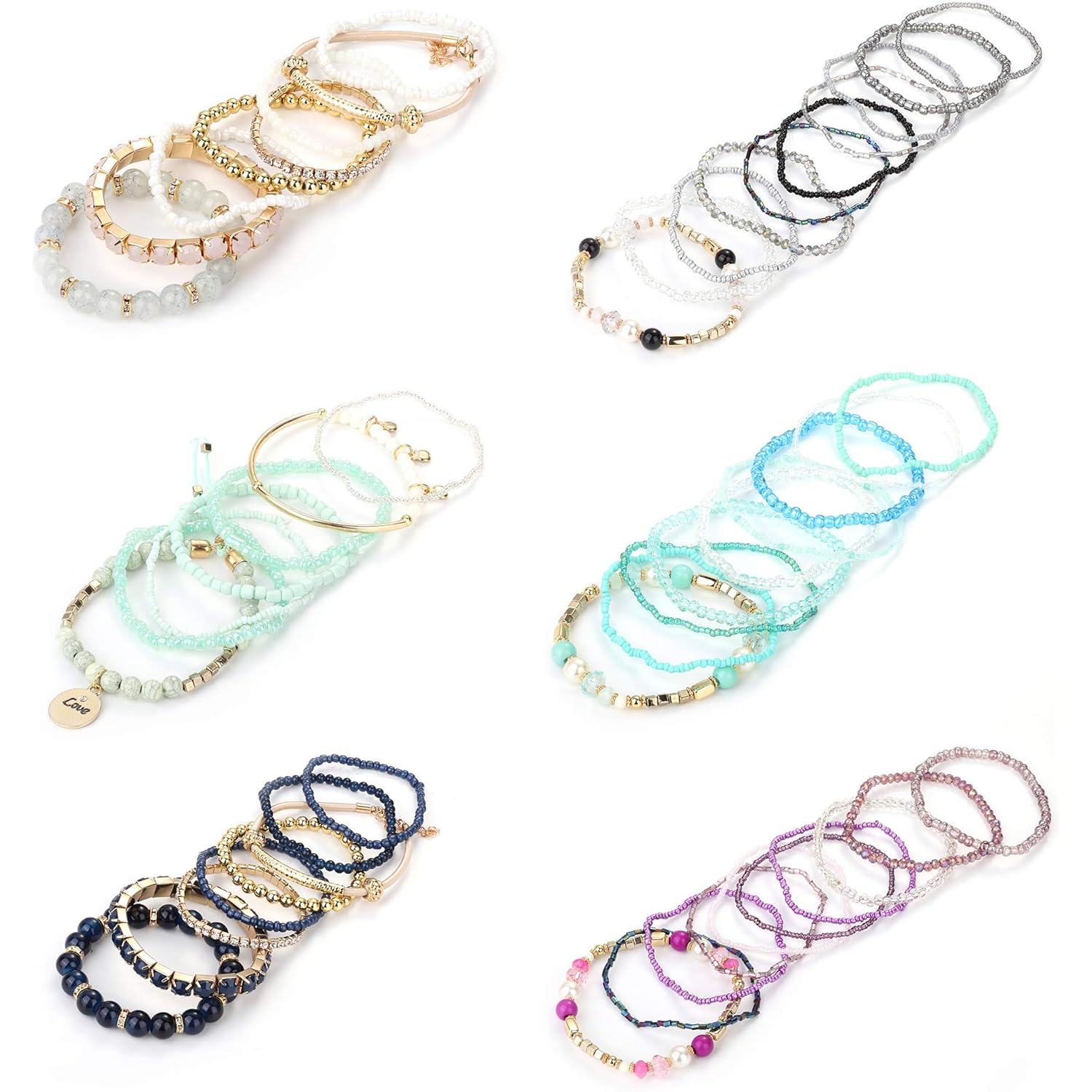 LOYALLOOK 6 Sets Bohemian Stackable Bead Bracelets for Women Stretch Bohemian Style Stretch Multilayered Boho Bracelet Set