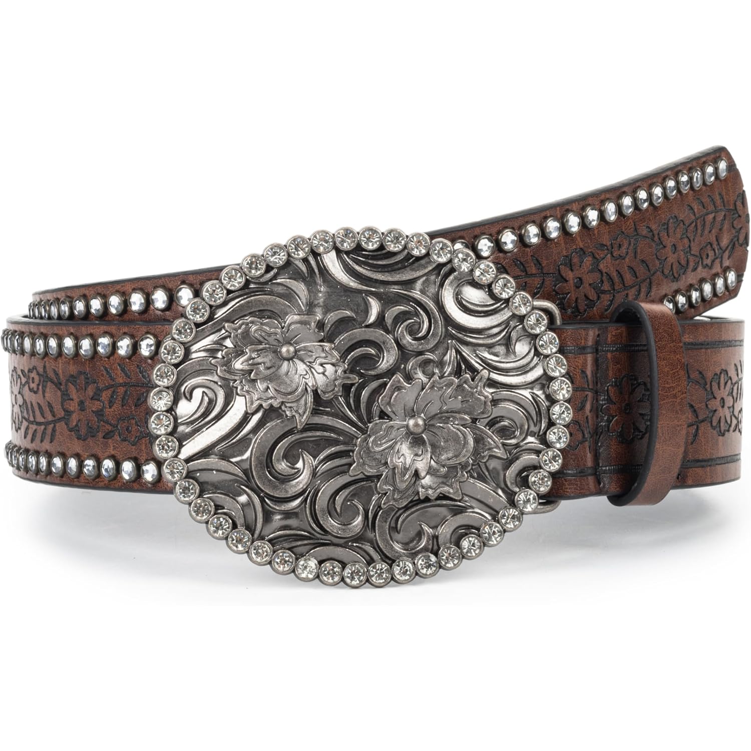 Womens-Western-Belt Rhinestone-Cowboy-Cowgirl Belt - Embossed PU-Leather Belt with Diamond Flower-Buckle(for 28-38'')