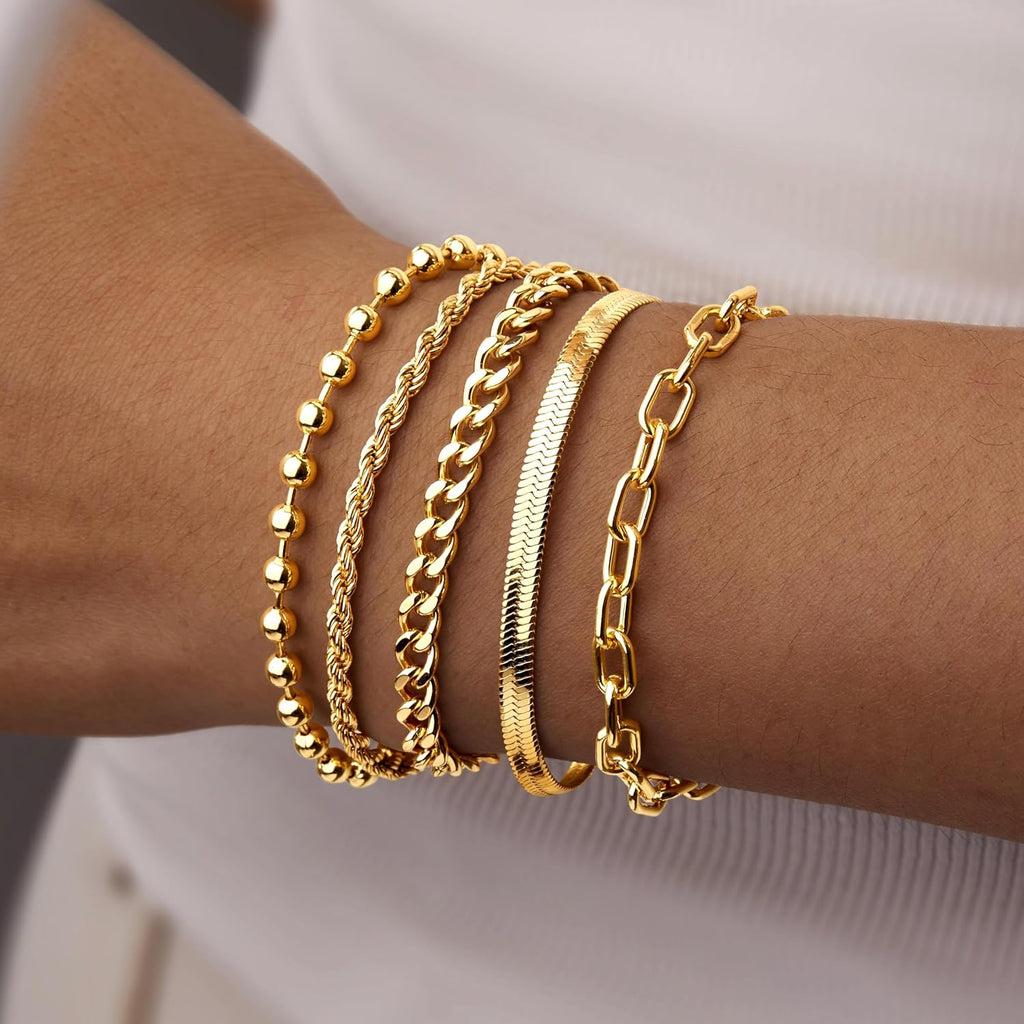 Gold Bracelets for Women,Dainty Bracelets Set for Women Trendy, Gold Bracelets Stack With Beaded, Cuban, Paperclip, Heart, Snake, Rope, Pearl, Cross, Hand Chain, Silver Jewelry Gifts for Women