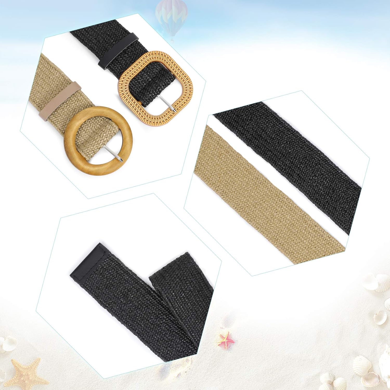 WHIPPY Set of 3/4 Straw Woven Elastic Stretch Waist Belts for Women, Fashion Boho Ladies Braided Skinny Dress Belt