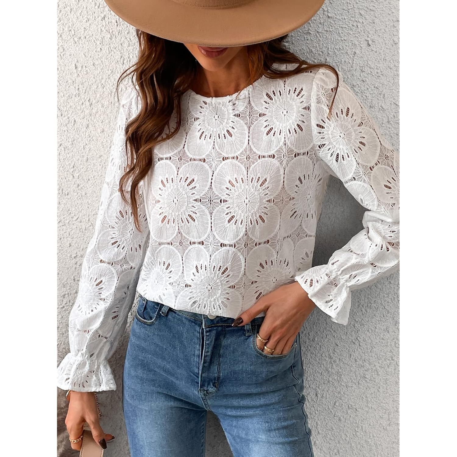 CUPSHE Women Eyelet Long Sleeve Tops Shirts Dressy Hollow Out Crochet Lace Embroidered Blouses 2025 Fashion