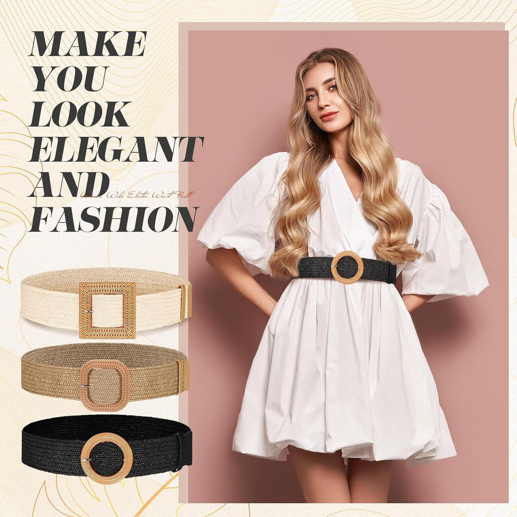 Syhood 3 Pieces Straw Woven Elastic Waist Belt for Women Bohemian Dress Braided Belt