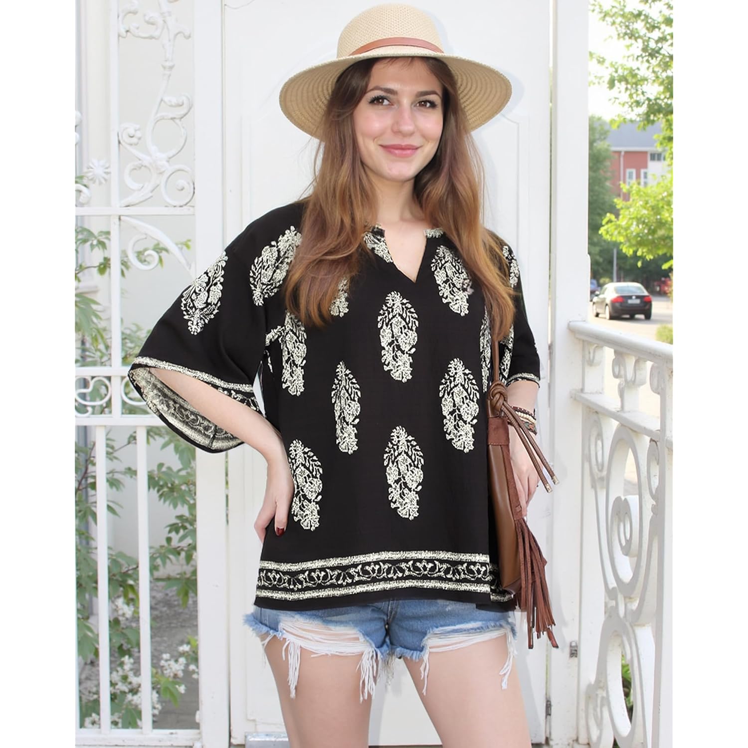 Bebonnie Womens 3/4 Sleeve V Neck Bohemian Peasant Blouses Casual Loose Fit Tunic Tops