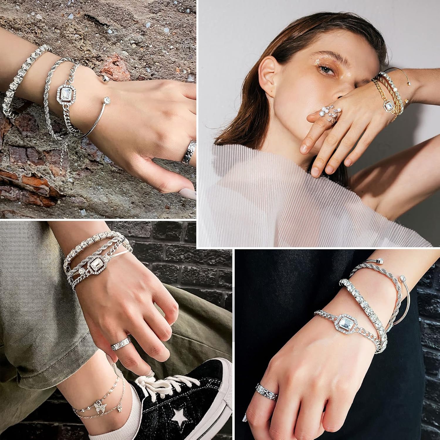 4 Pcs Dainty Gold Silver Bracelets Set for Women 14K Plated Link Cubic Zirconia Paperclip Stake Layering Chain Adjustable Trendy Hand Jewelry