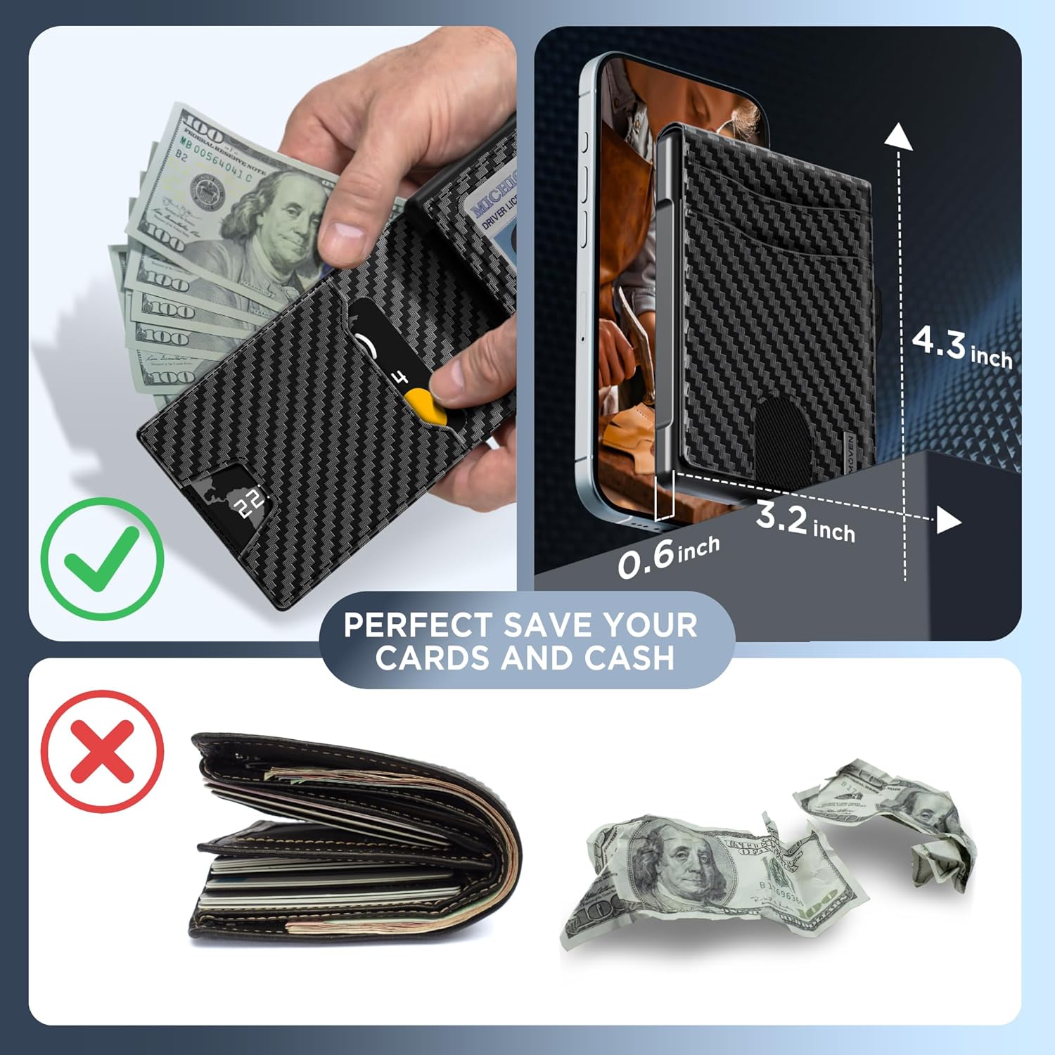 Wallet for Men - Pop Up Case, Cash Slot, and Credit Card Slot - Slim Aluminum Wallet with RFID Blocking, Minimalist Leather Wallet Front Pocket with ID Window (Carbon Fiber)