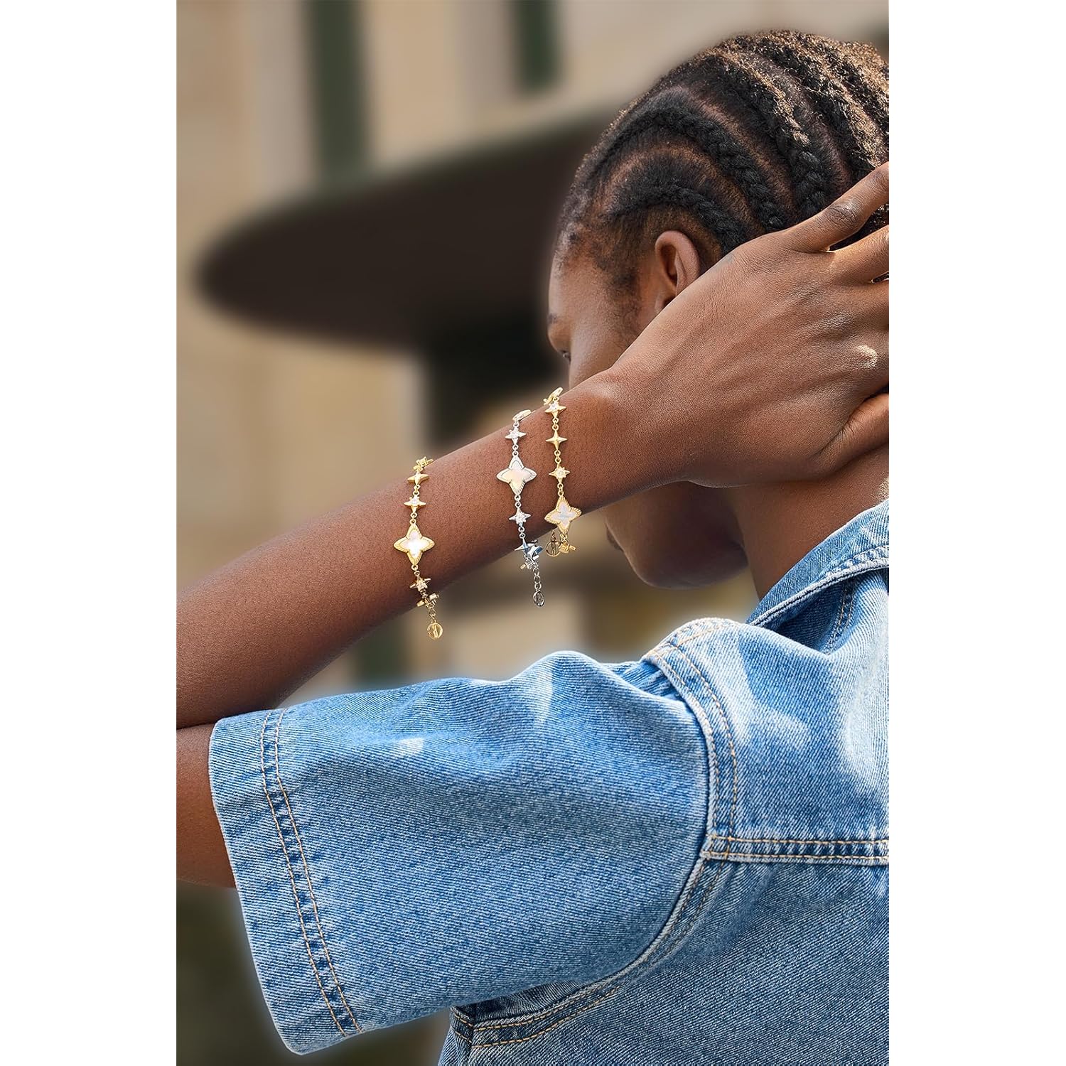 Cicy Bell Womens 18k Gold Plated White Shell Cubic Zirconia Square Cross Adjustable Chain Link Bracelets 6.69" with 2" Extender
