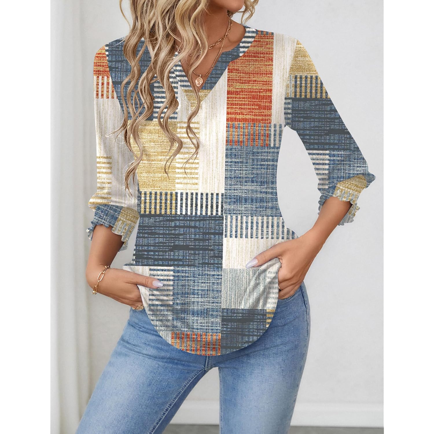 LOMON Women's 2025 Fashion Tops 3/4 Length Sleeve Business Casual Blouses Summer Tees Shirts（S-4XL
