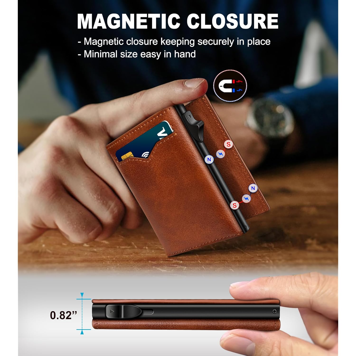 Wallet for Men,with Cash Pocket 2 ID Window 9-13 Cards,Metal Case Smart Slim Pop Up Credit Card Holder Flip with Magnetic Closure RFID Blocking Trifold wallet with Gift Box