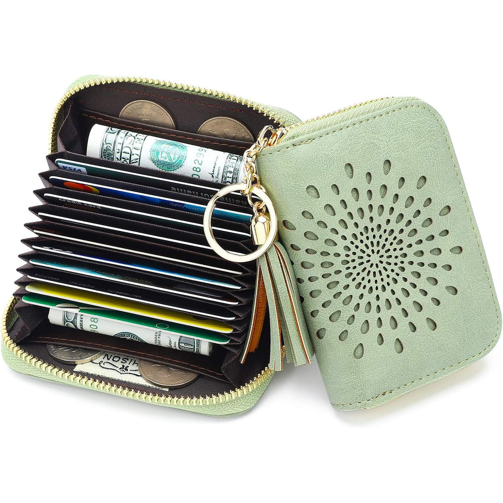 APHISON RFID Credit Card Holder Zipper Card Case Keychain Small Wallet for Women 1927 GREEN