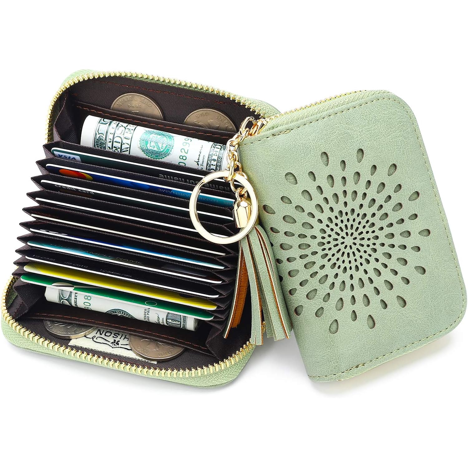 APHISON RFID Credit Card Holder Zipper Card Case Keychain Small Wallet for Women 1927 GREEN