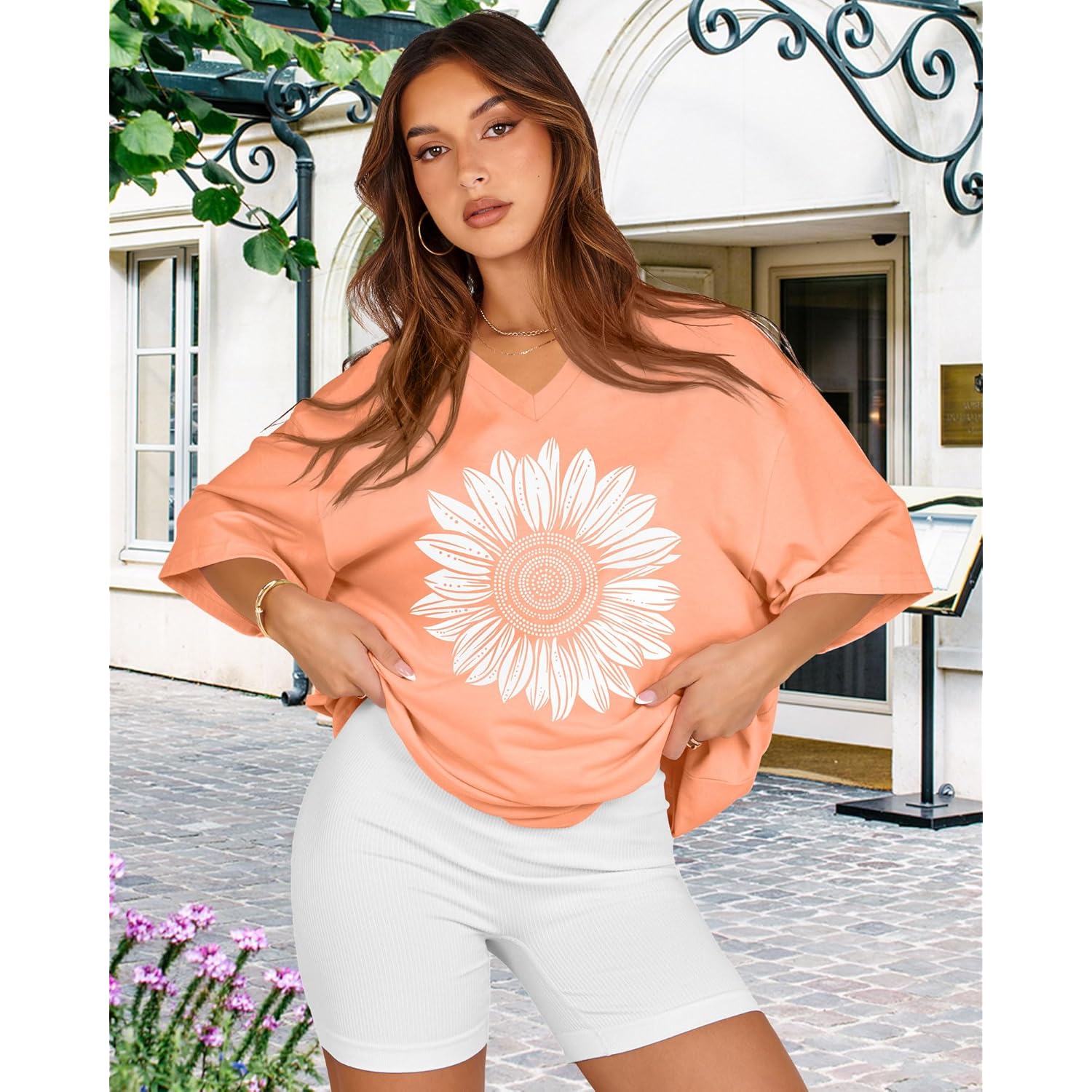 Oversized Tshirts for Women V Neck Short Sleeve Summer Casual Basic Loose Tops