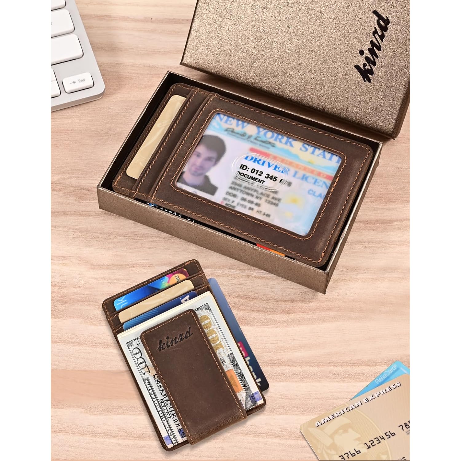 kinzd Money Clip, Front Pocket Wallet, Leather RFID Blocking Strong Magnet thin Wallet