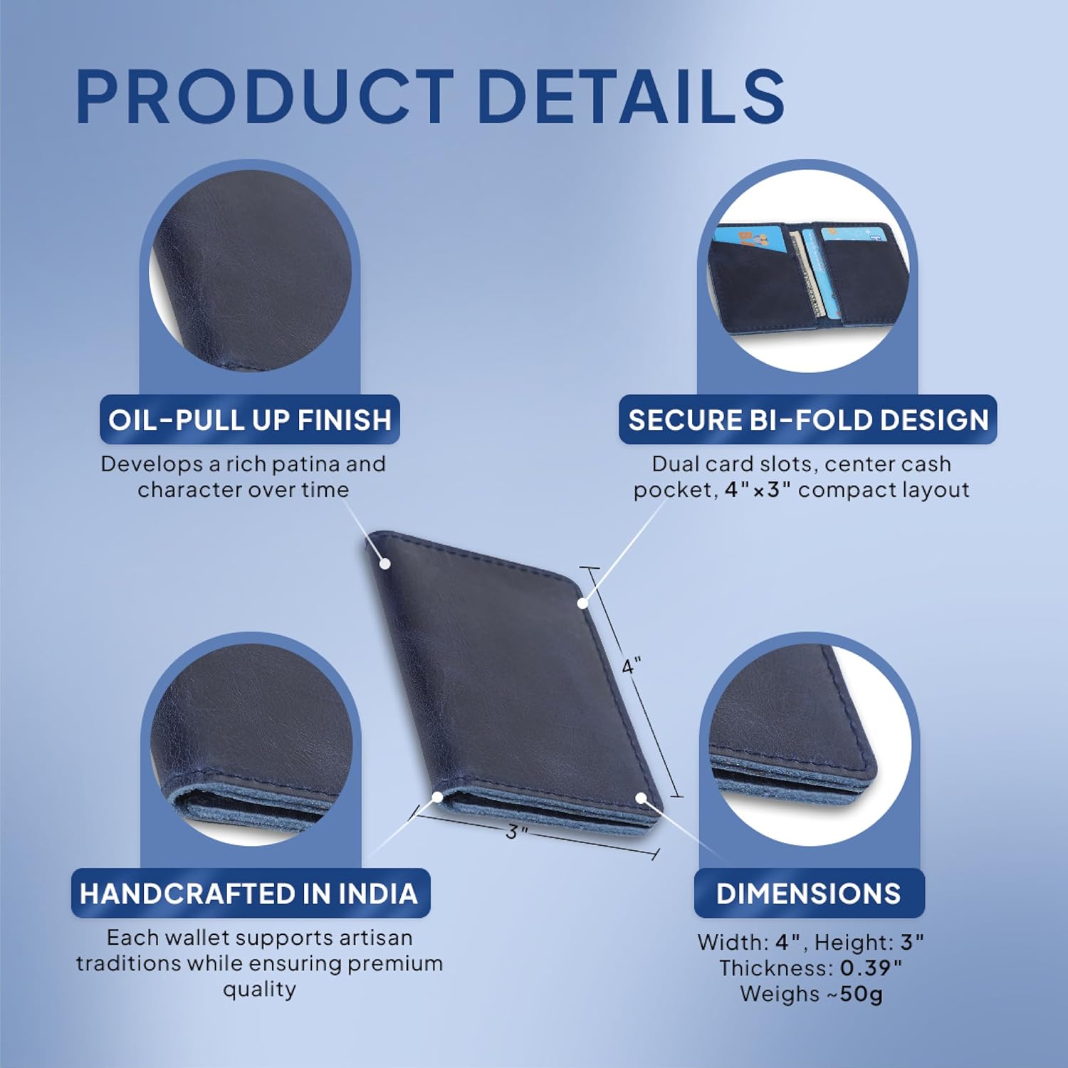 Blue Leather Card Holder for Men & Women - Credit Card Wallet Holds Up to 4 Cards, Compact Money Organizer, Bi-Fold Wallet for Front Pockets, Slim Credit Card Case Holder for Travel