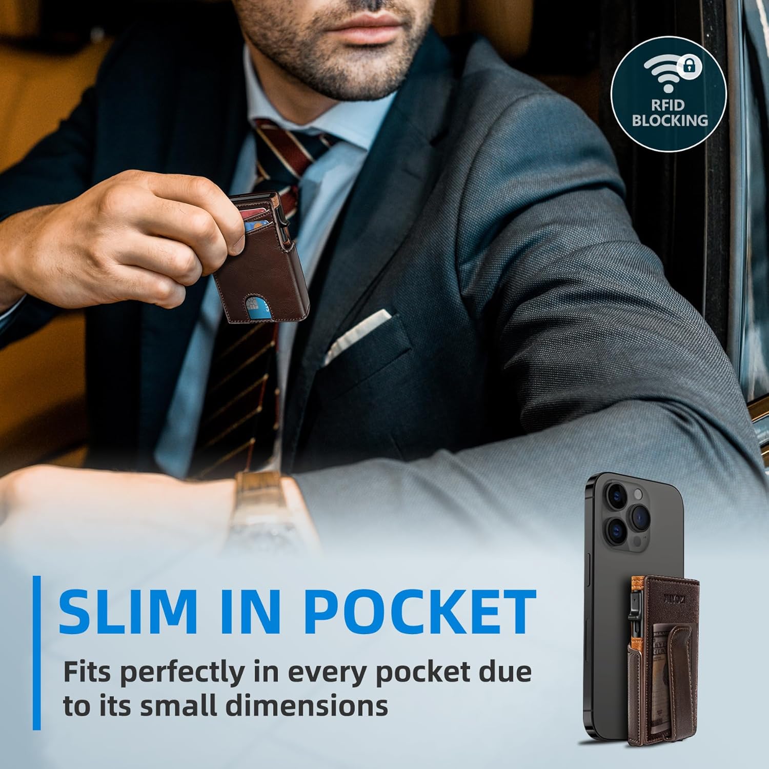 Wallet for Men Wallet with ID Window Slim Smart Pop Up Aluminum Card Holder, Bifold Minimalist Magnetic Closure RFID Blocking Wallet  9 Slots with Money Clip&Coins Pocket Gift Boxed