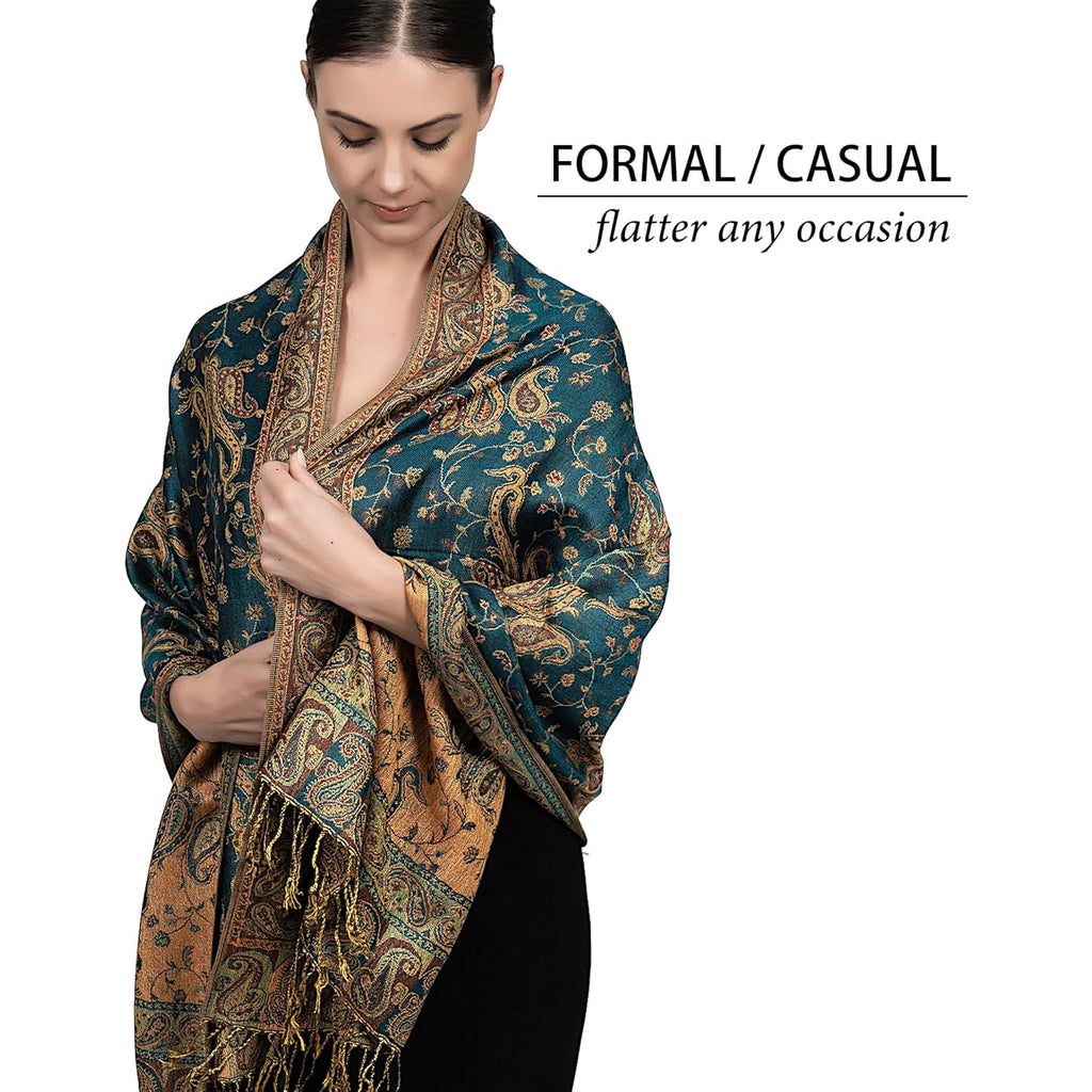 Achillea Reversible Paisley Pashmina Rave Scarf – Exotic Indian Shawls and Wraps for Evening Dresses, Festivals, All Seasons
