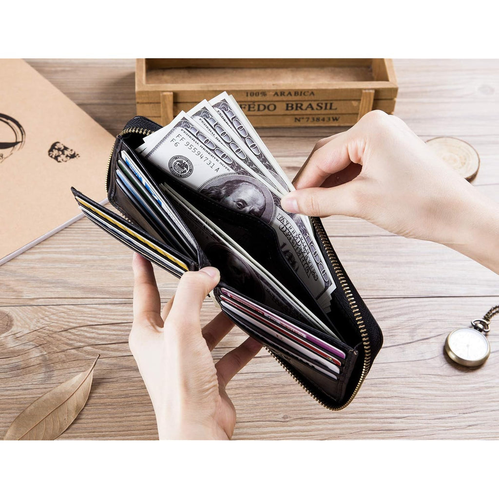BULLCAPTAIN Mens Genuine Leather Zipper Wallet RFID Blocking Bifold Secure Zip Around Wallets Multi Credit Card Holder Purse (black)