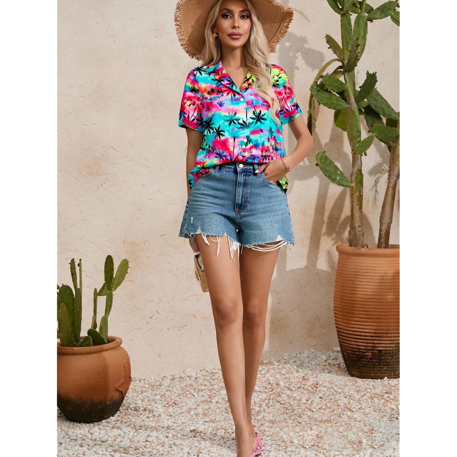 Women Hawaiian Shirt Soft Cool Summer Hawaii Tshirts Beach Tropic Print V Neck Button up Tops Floral Short Sleeve Tops