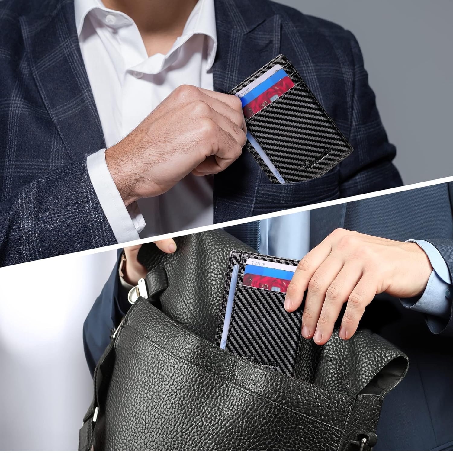 Travelambo Front Pocket Minimalist Leather Slim Wallet RFID Blocking Carbon Fiber Texture