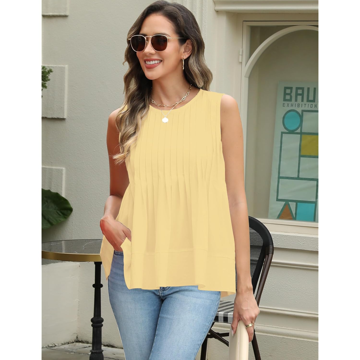 Womens Summer Pleated Peplum Sleeveless Blouse Tank Tops Round Neck Y2K Babydoll Blouse Shirt