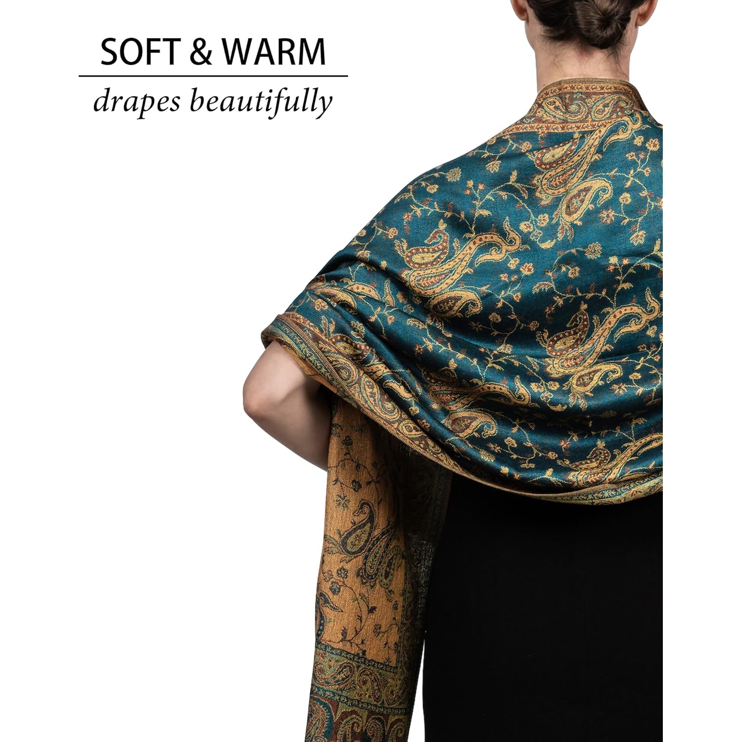 Achillea Reversible Paisley Pashmina Rave Scarf – Exotic Indian Shawls and Wraps for Evening Dresses, Festivals, All Seasons