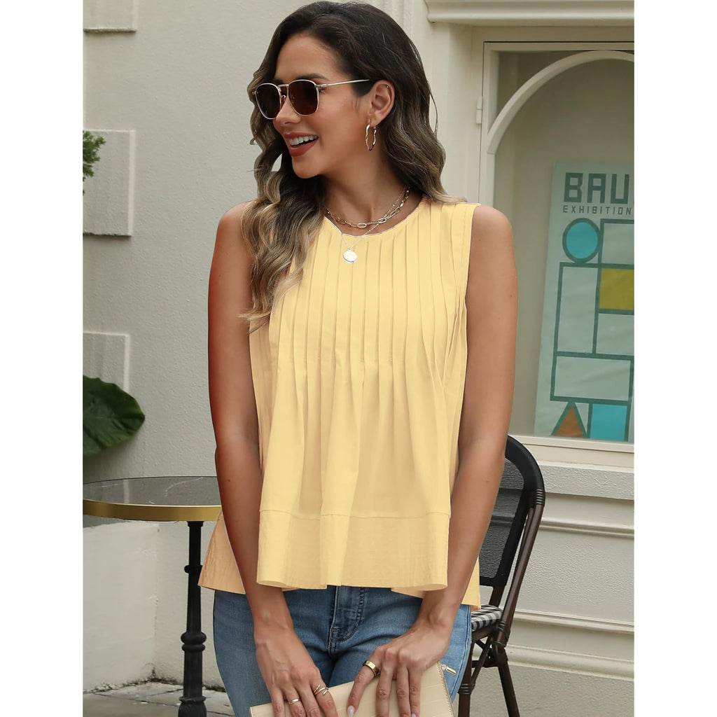 Womens Summer Pleated Peplum Sleeveless Blouse Tank Tops Round Neck Y2K Babydoll Blouse Shirt