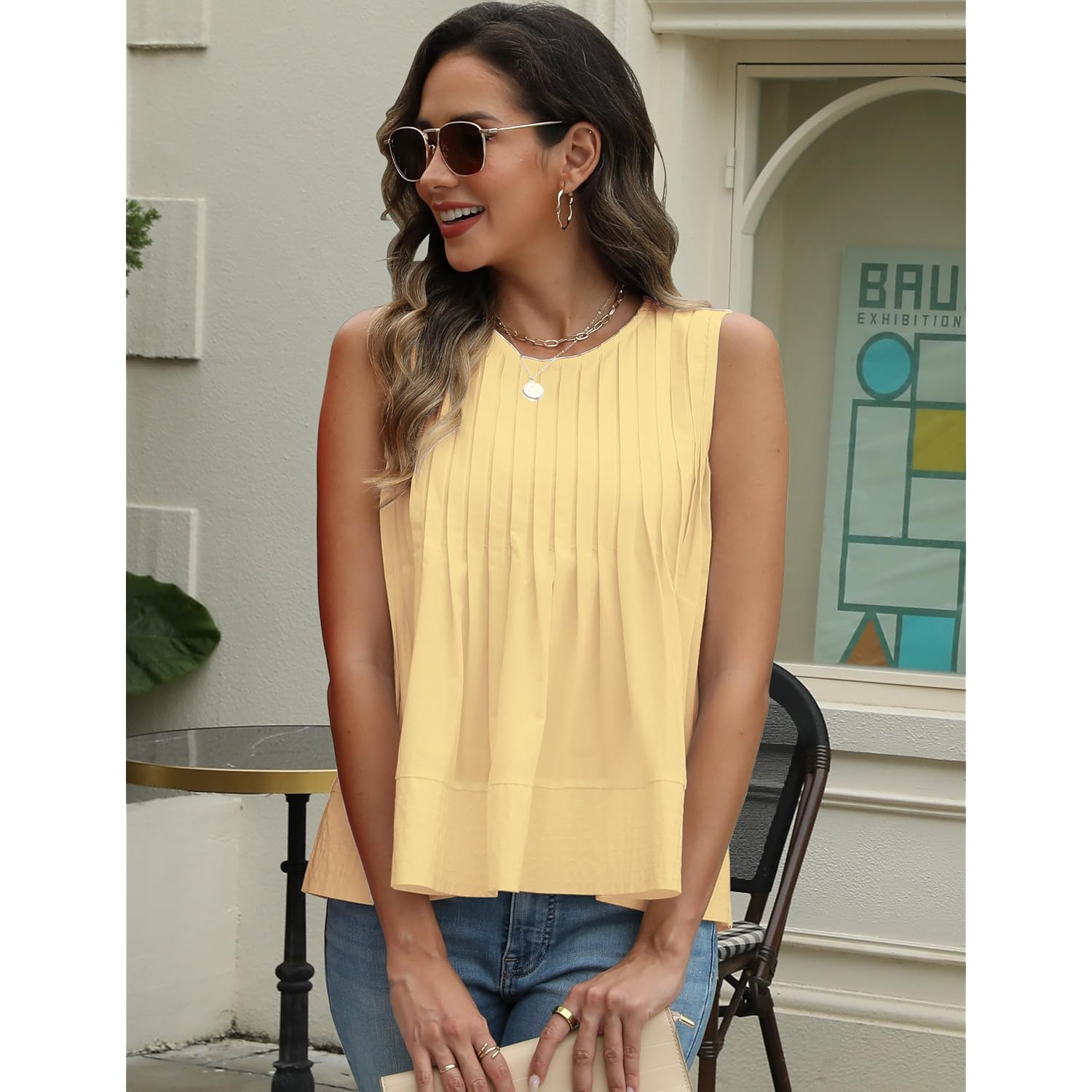 Womens Summer Pleated Peplum Sleeveless Blouse Tank Tops Round Neck Y2K Babydoll Blouse Shirt