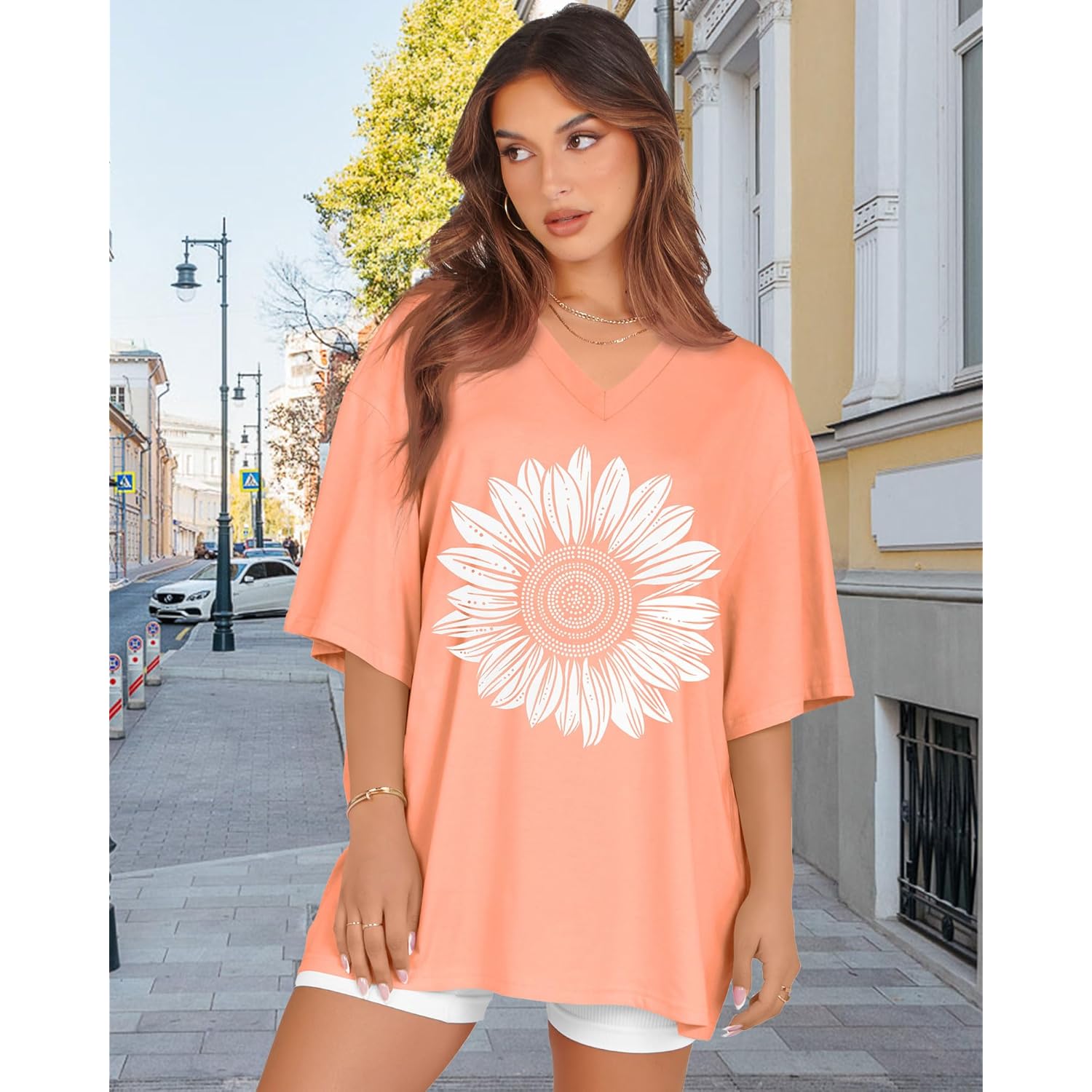 Oversized Tshirts for Women V Neck Short Sleeve Summer Casual Basic Loose Tops