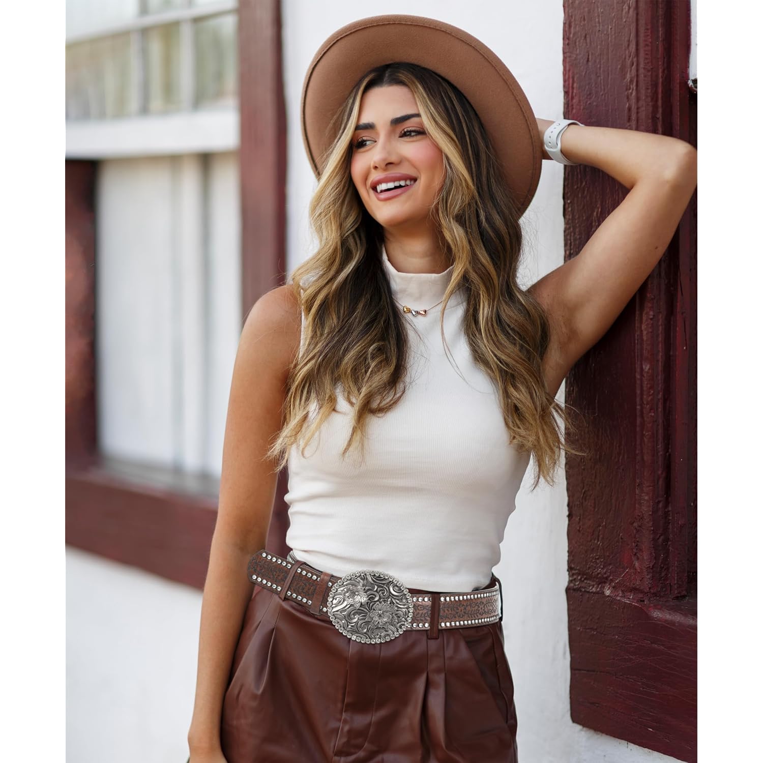 Womens-Western-Belt Rhinestone-Cowboy-Cowgirl Belt - Embossed PU-Leather Belt with Diamond Flower-Buckle(for 28-38'')