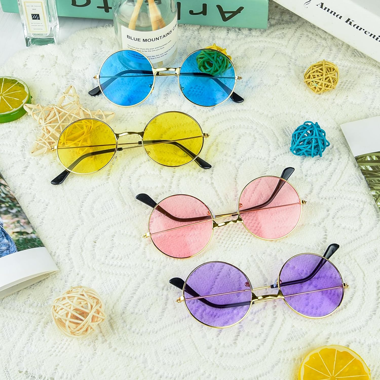 4/8/10/12/20/28 Pairs Hippie Sunglasses Round Hippie Glasses 70s Party Decorations Multicolored Glasses for Women