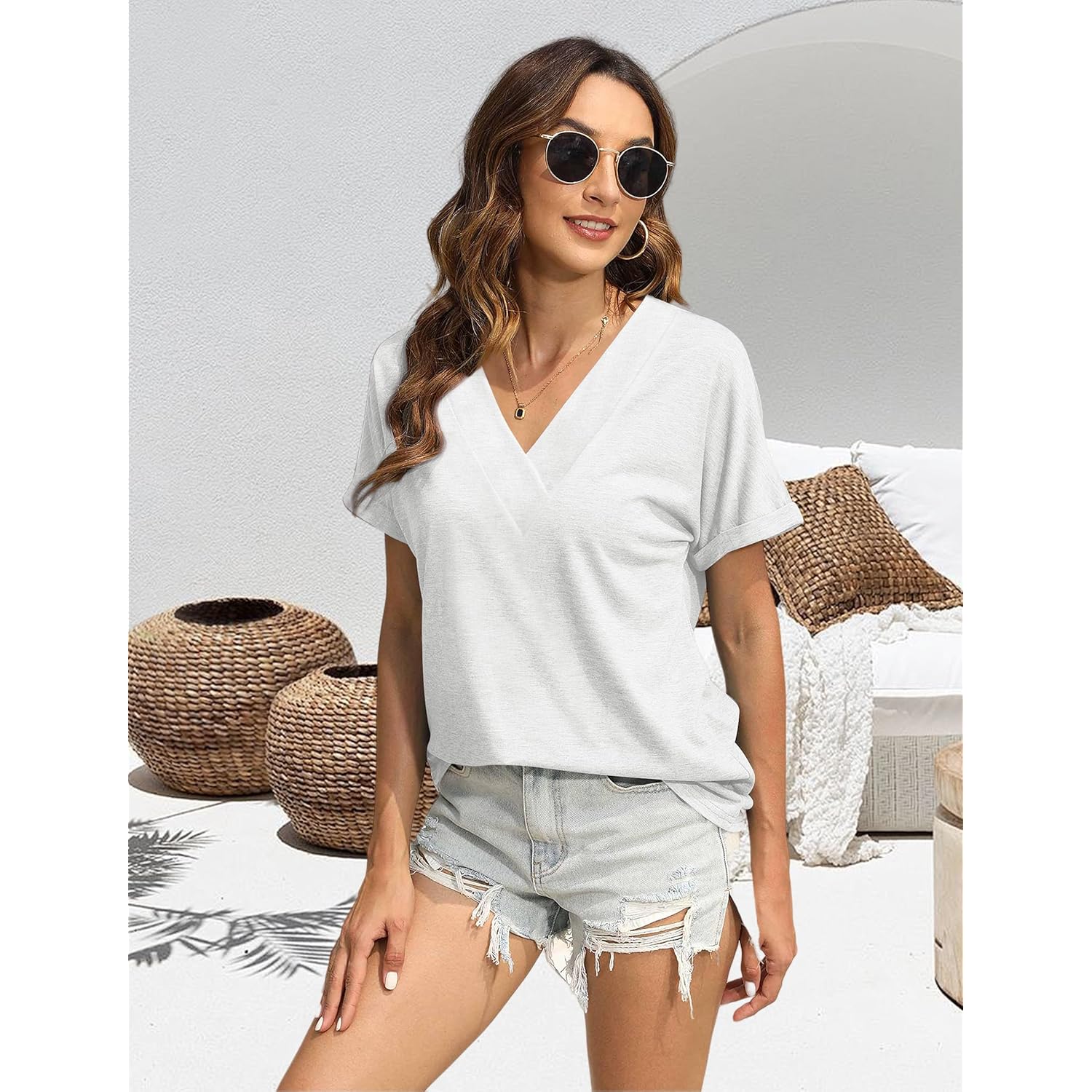 T Shirts Short Sleeve V Neck Tees Womens Tops Beach Vacation Fashion Clothes 2025 Casual Summer Spring Fall Outfits