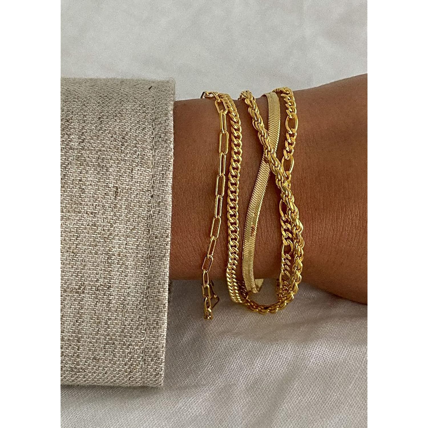 DEARMAY Gold Bracelets - Real 14K Women's Cute Tennis Cubic Beaded Link Paperclip Dainty Bracelet Pack