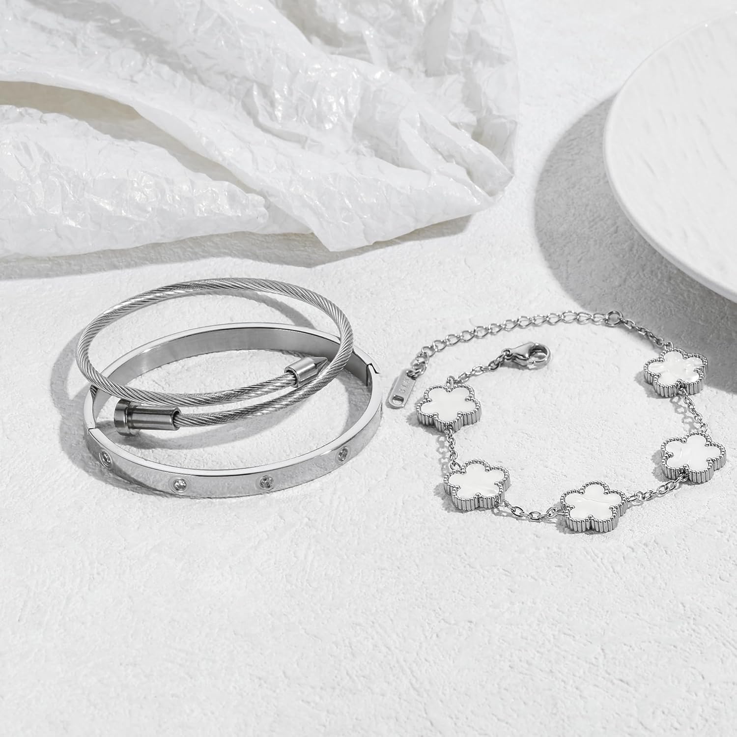 Womens Stackable Floral Silver Bracelets - 3Pcs Stainless Steel Bangle Bracelets Non Tarnish, Silver Bracelet Set Trendy Jewelry, Gifts for Girlfriend